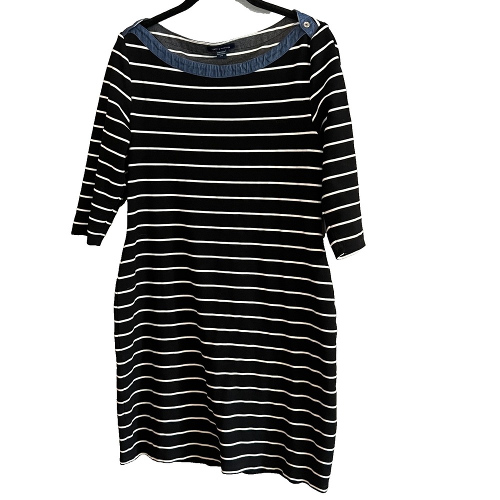 Tommy Hilfiger Womens Large Black‎ White Stripe Boat Neck Nautical Shirt Dress - Picture 2 of 13